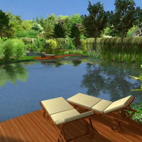 Schwimmteich 400 m³, preiswerte Bauweise mit Teichfolie Premium Grün, 1,5mm