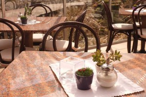 Impressionen aus dem Café, freier Blick auf Garten-Teiche, Stege und Pavillons