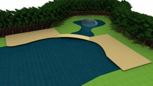 Zwei phantasievoll geschwungene Terrassen - durch eine Brücke miteinander verbunden