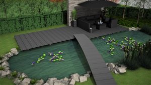 Formschön, rutschfest und stabil: eine Terrasse mit Steg und Brücke. Die Eindeckung ist „PE anthrazit“.